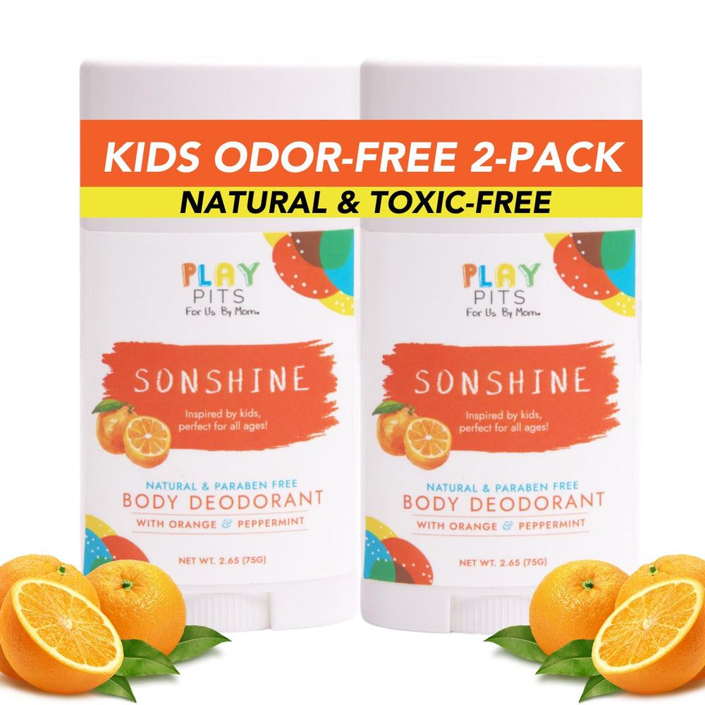 Play Pits Sonshine deodorant stick closeup for sensitive skin and kid-friendly daily use.