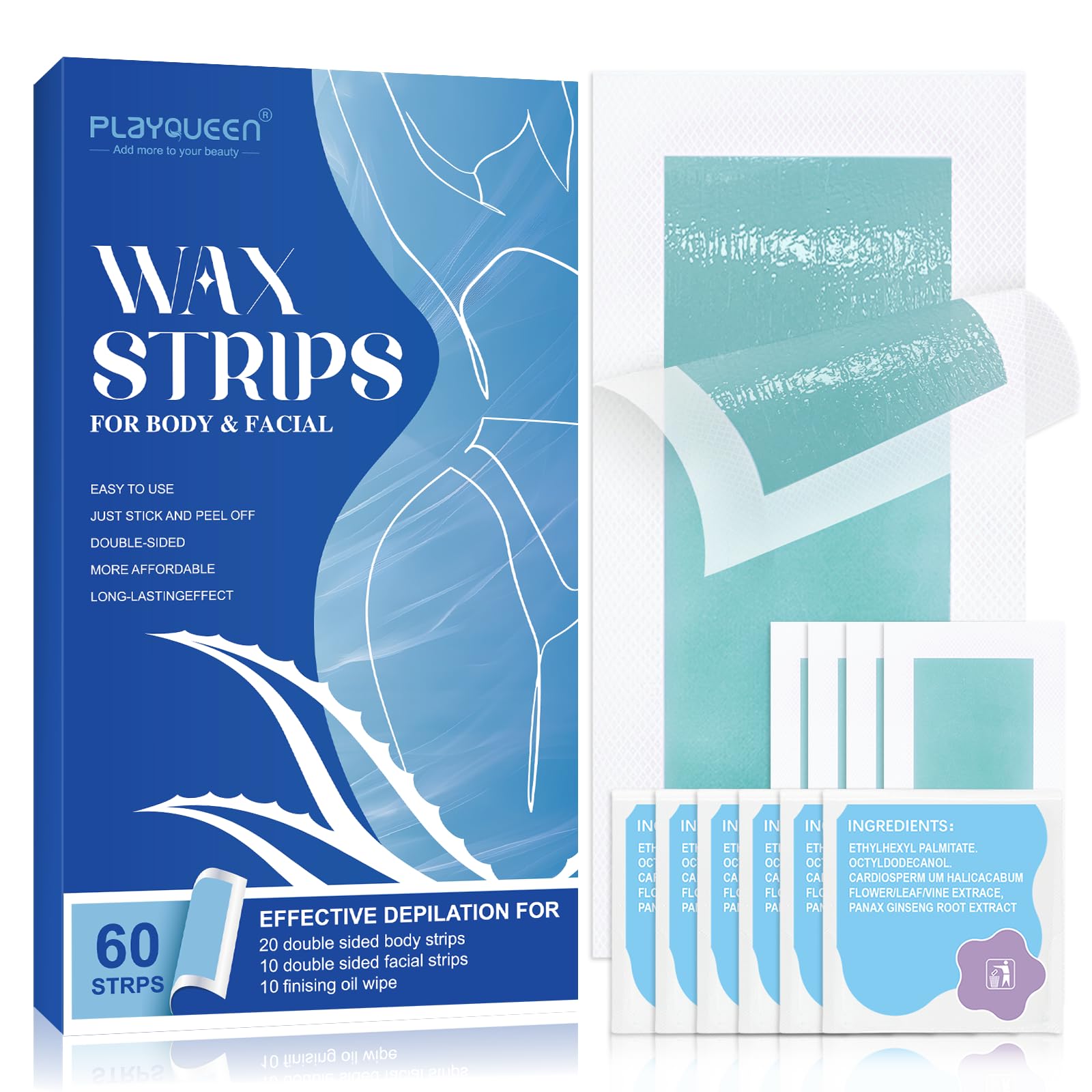 PLAYQUEEN wax strips packaging shows easy use for quick hair removal.