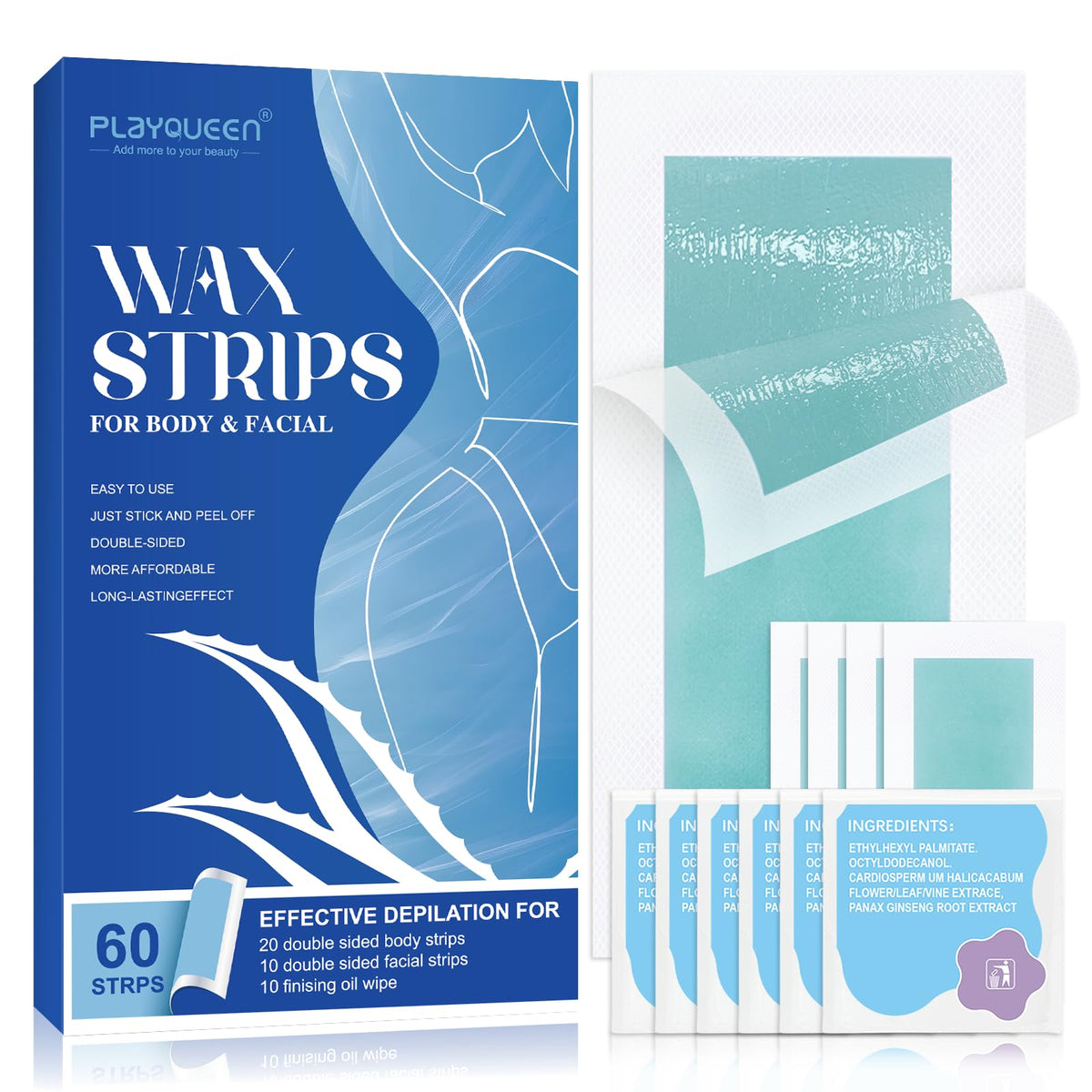 PLAYQUEEN wax strips packaging shows easy use for quick hair removal.