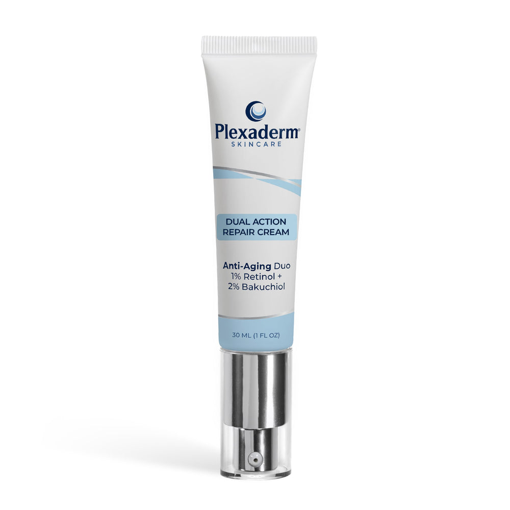 Plexaderm Dual Action Repair Neck Cream jar closeup—luxurious texture for smoother neck skin.