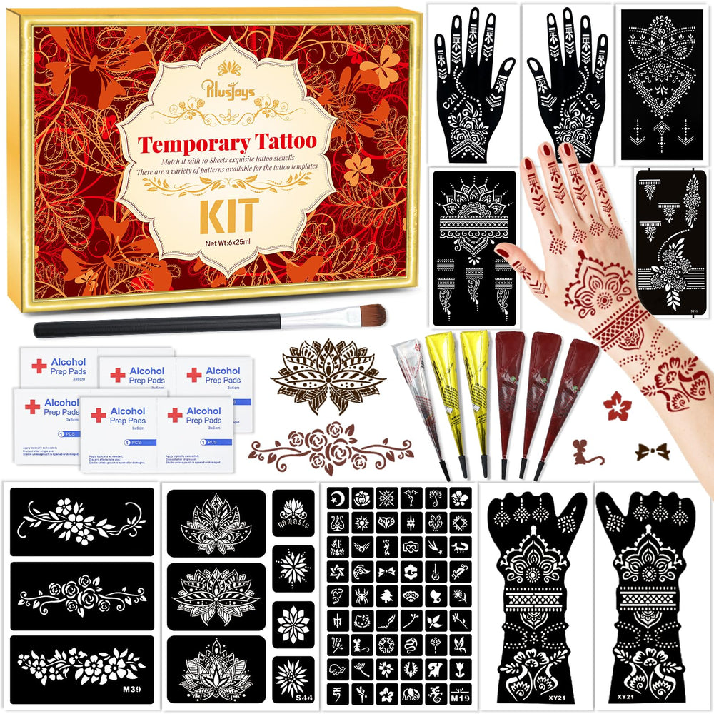 PllusJoys temporary tattoo stencil kit packaging shows contents ready for easy body art.