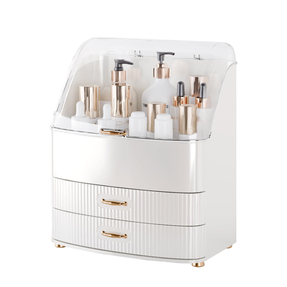 Plukers makeup organizer with transparent lid for easy viewing and quick access.