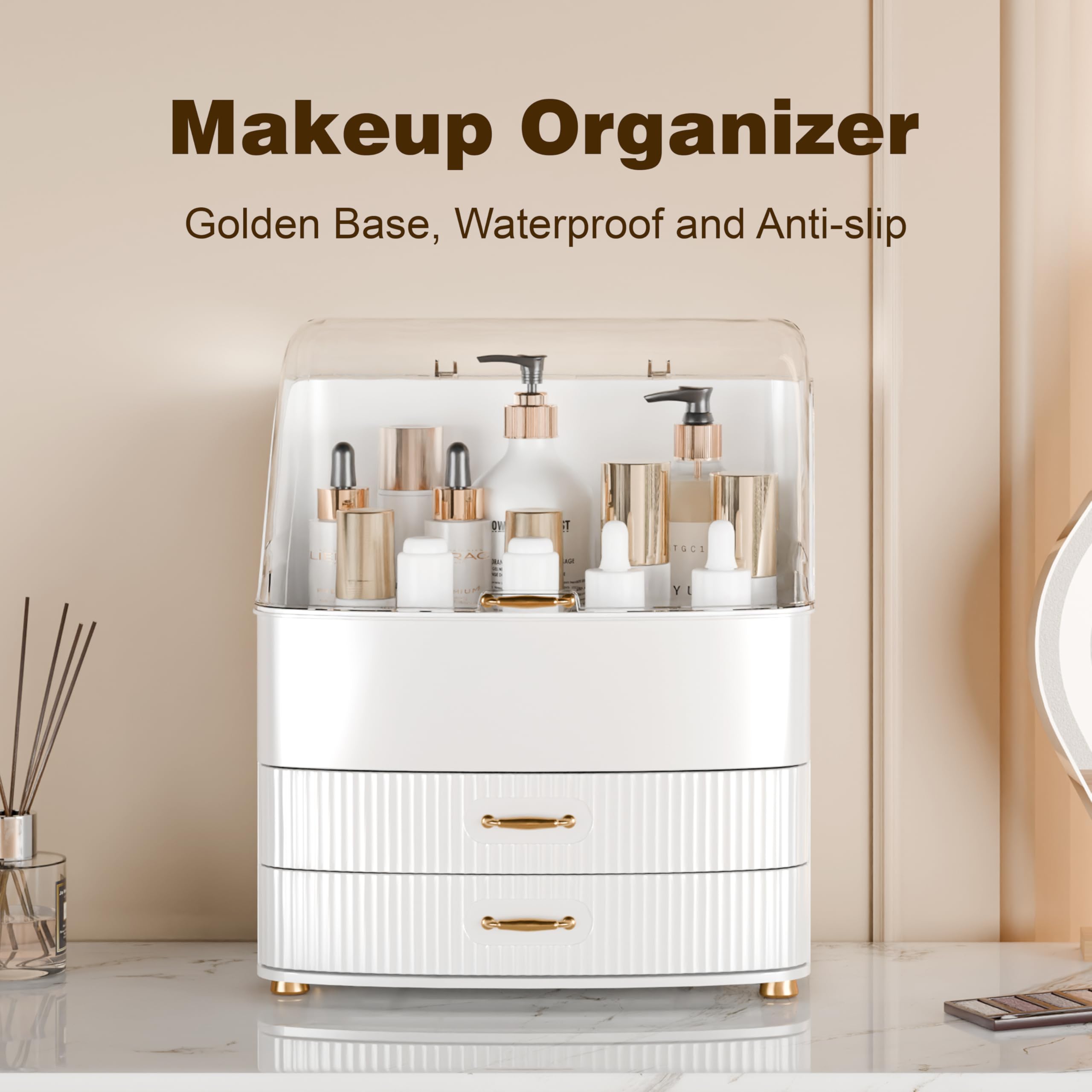 Plukers makeup organizer with waterproof materials resists moisture in bathrooms.