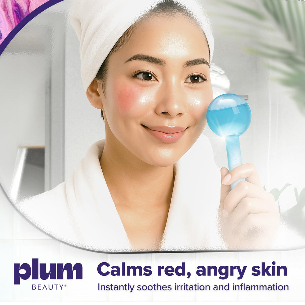 Plum Beauty Facial Ice Globes application face shows gliding over cheeks for refreshed even toned look.