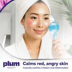 Plum Beauty Facial Ice Globes application face shows gliding over cheeks for refreshed even toned look.