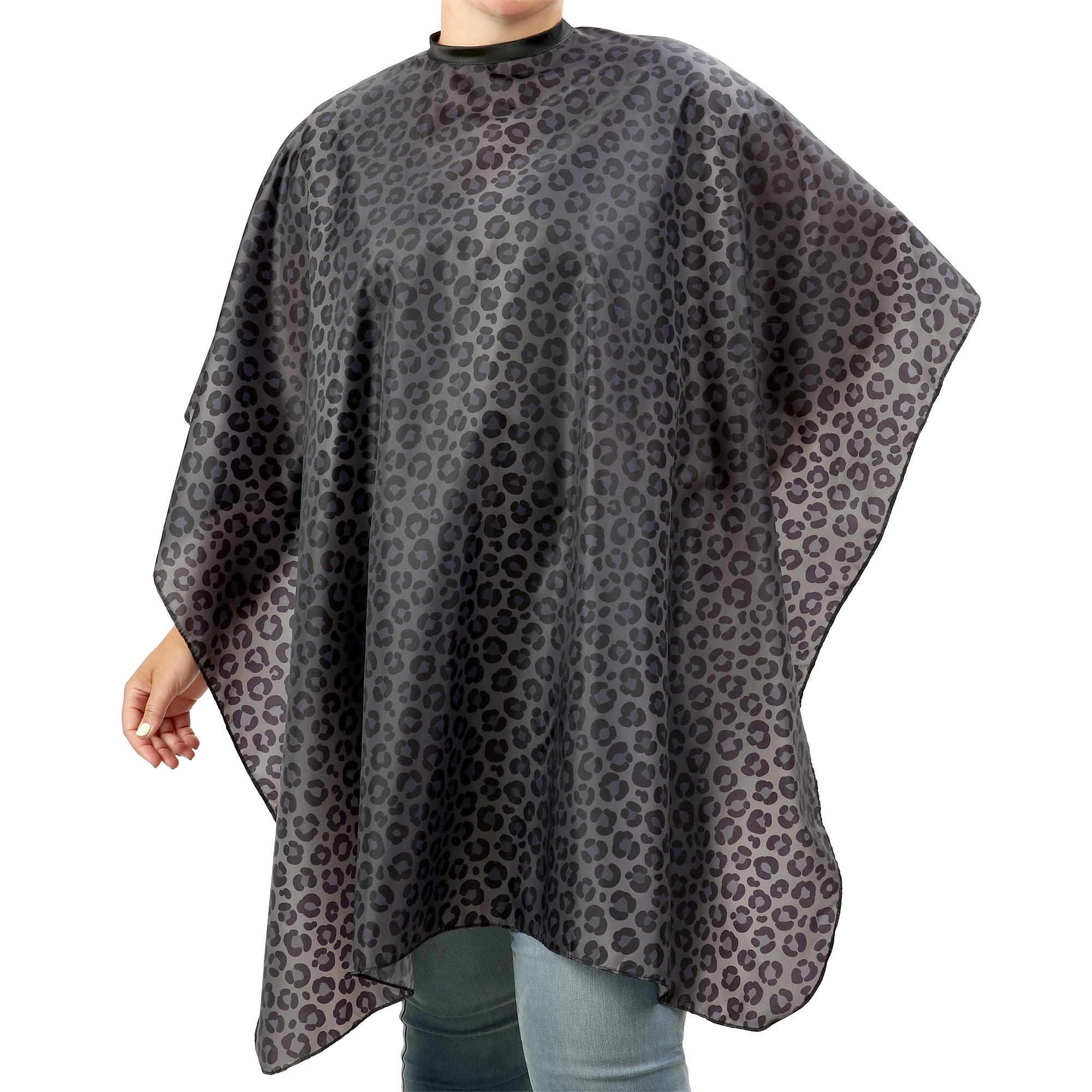 Plum Hill waterproof black leopard cape front view protects clients during haircuts