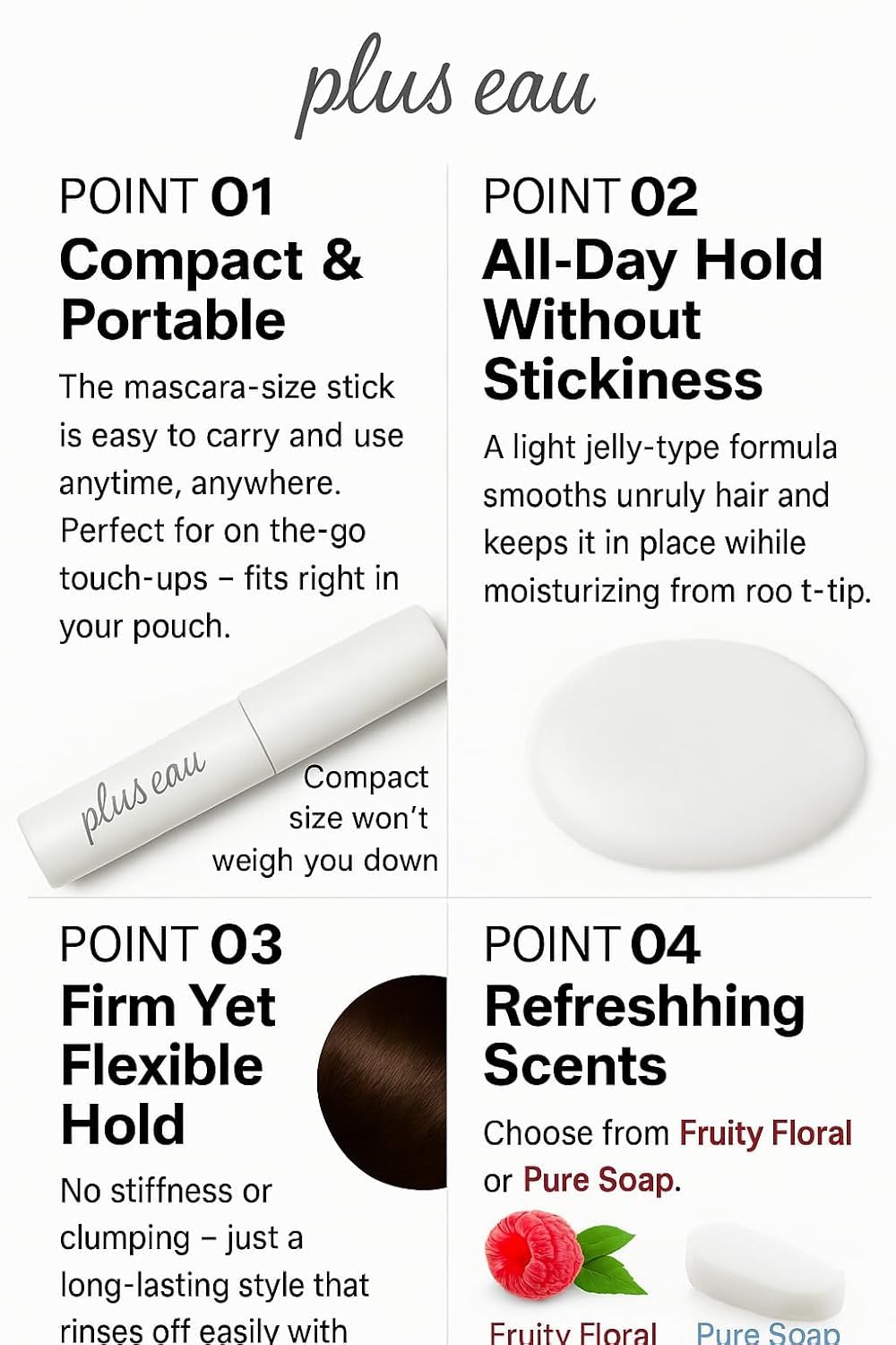 Plus eau Hair Stick travel-friendly 10 ml fits purses.