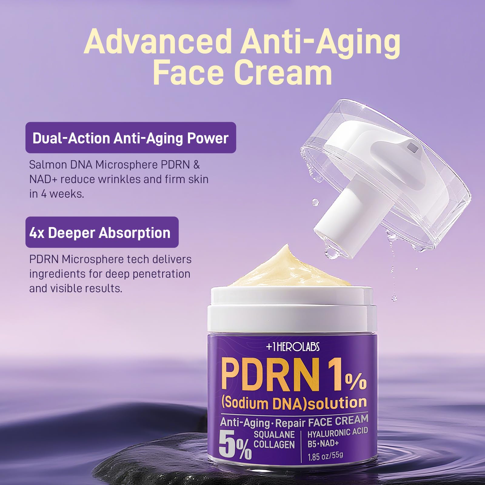 Plus1Herolabs PDRN Anti-Aging Cream jar close-up showing rich texture and hydration