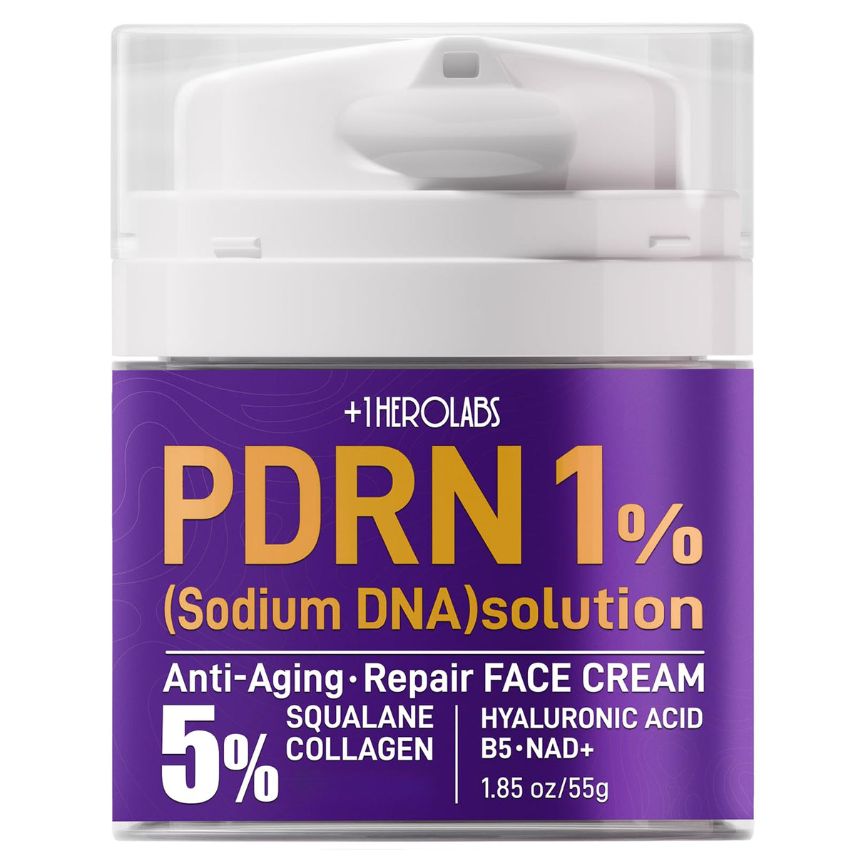 Plus1Herolabs PDRN Anti-Aging Cream packaging highlighting premium formula for all skin types