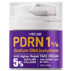 Plus1Herolabs PDRN Anti-Aging Cream packaging highlighting premium formula for all skin types