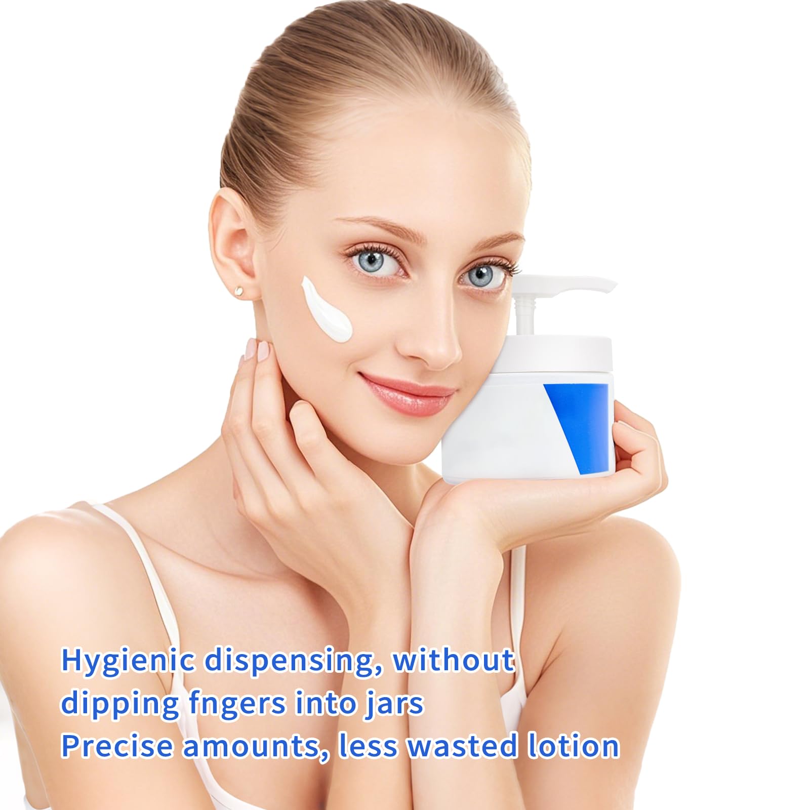 Plus tard easy-dispensing image demonstrates one-handed control during skincare routine.