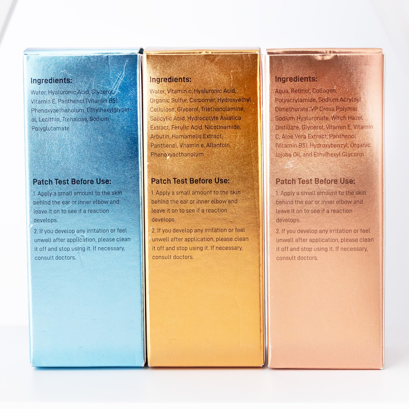 Plus1Herolabs complete serums display conveying a cohesive anti-aging skincare set.