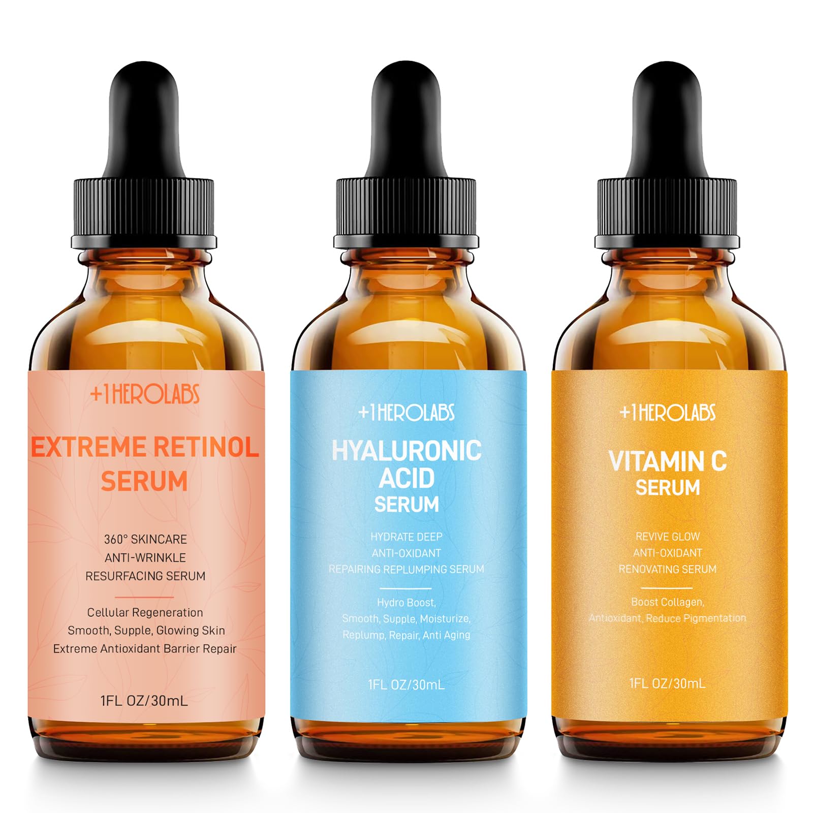 Plus1Herolabs facial skin care set packaging showing three serums for daily and nightly routines.