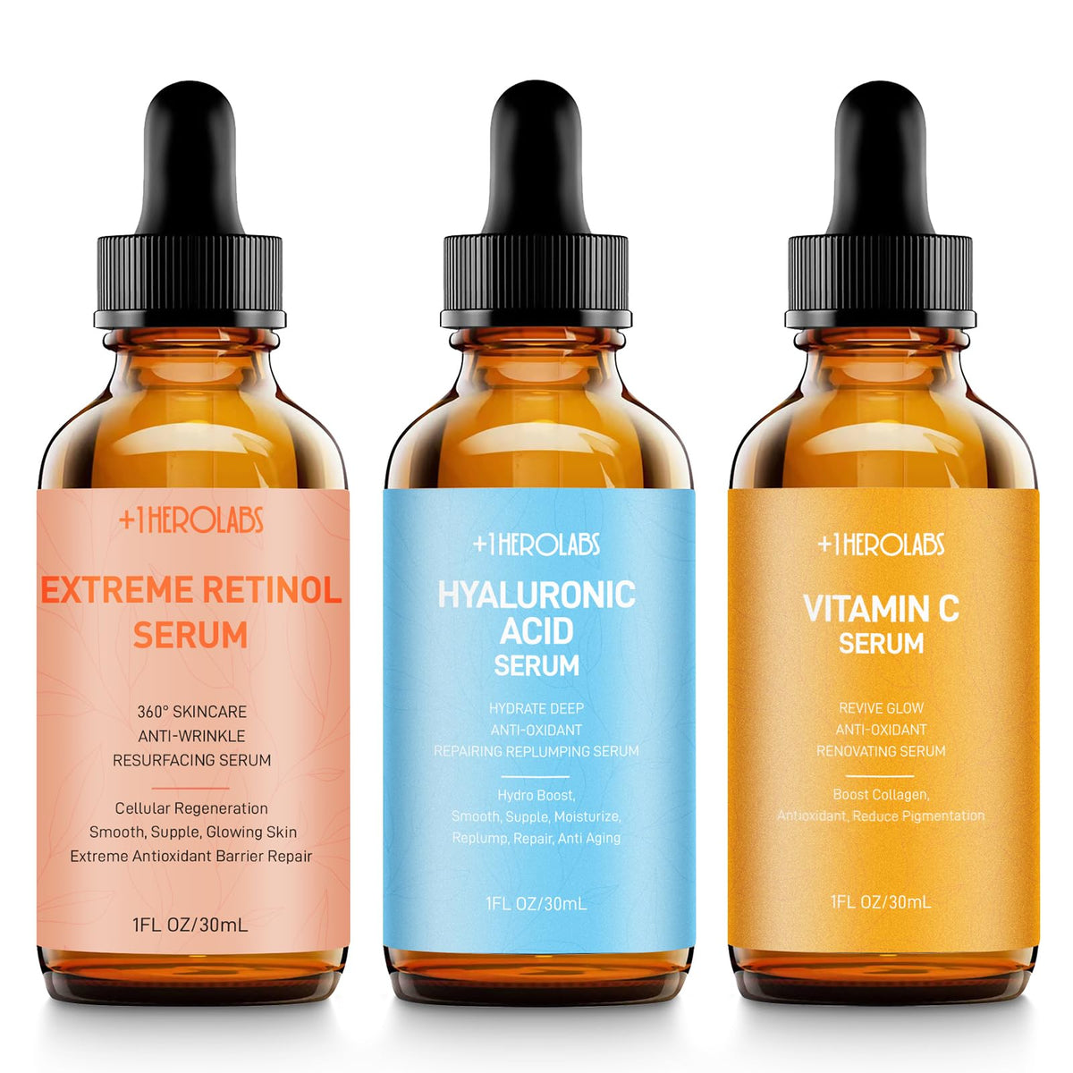 Plus1Herolabs facial skin care set packaging showing three serums for daily and nightly routines.