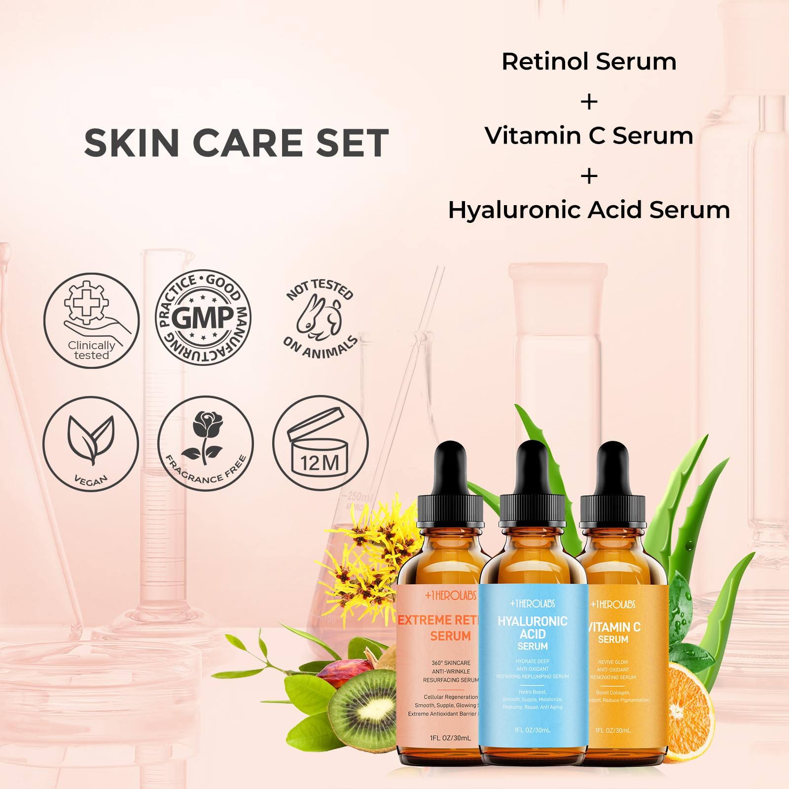 Plus1Herolabs morning routine display with Vitamin C and Hyaluronic serums.