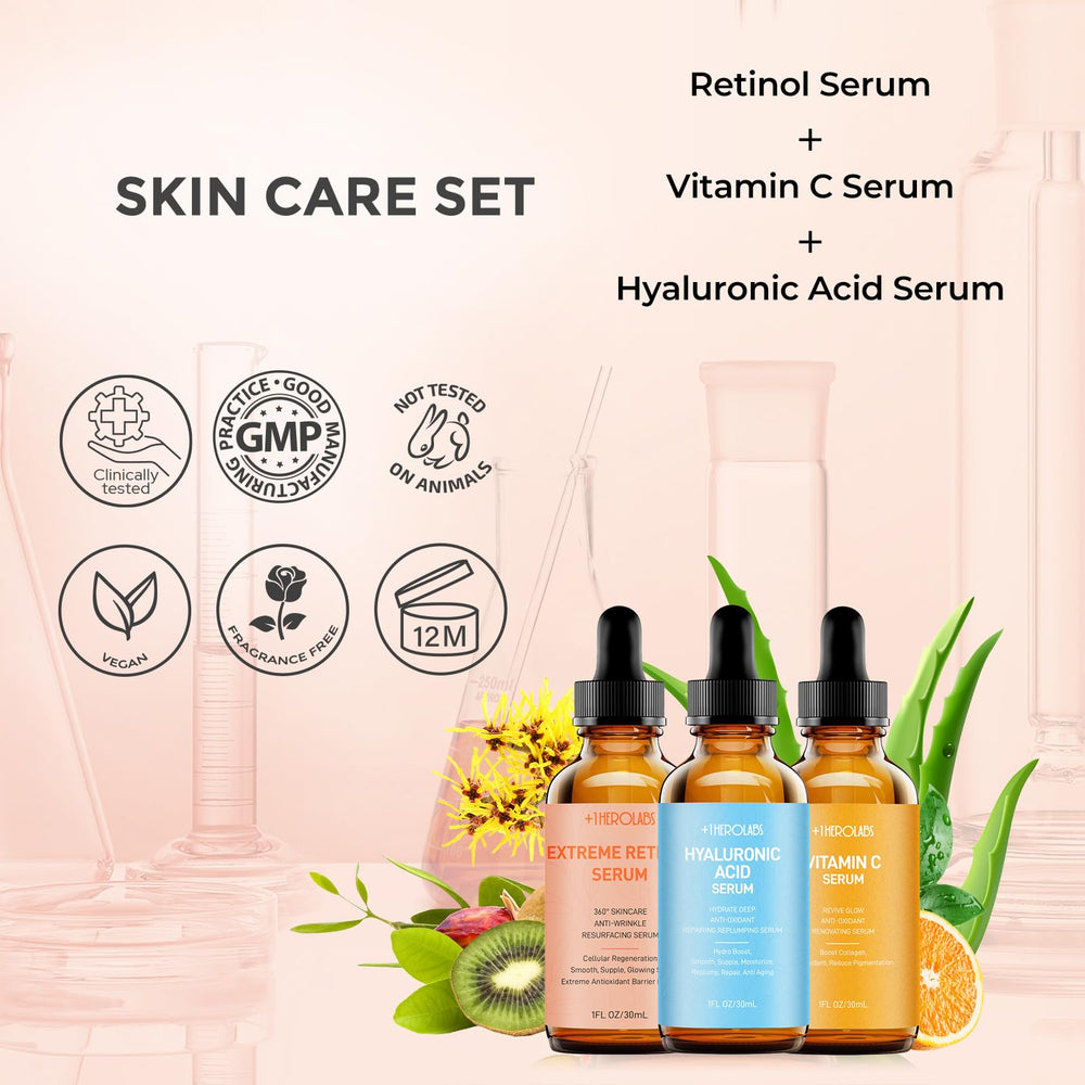 Plus1Herolabs morning routine display with Vitamin C and Hyaluronic serums.