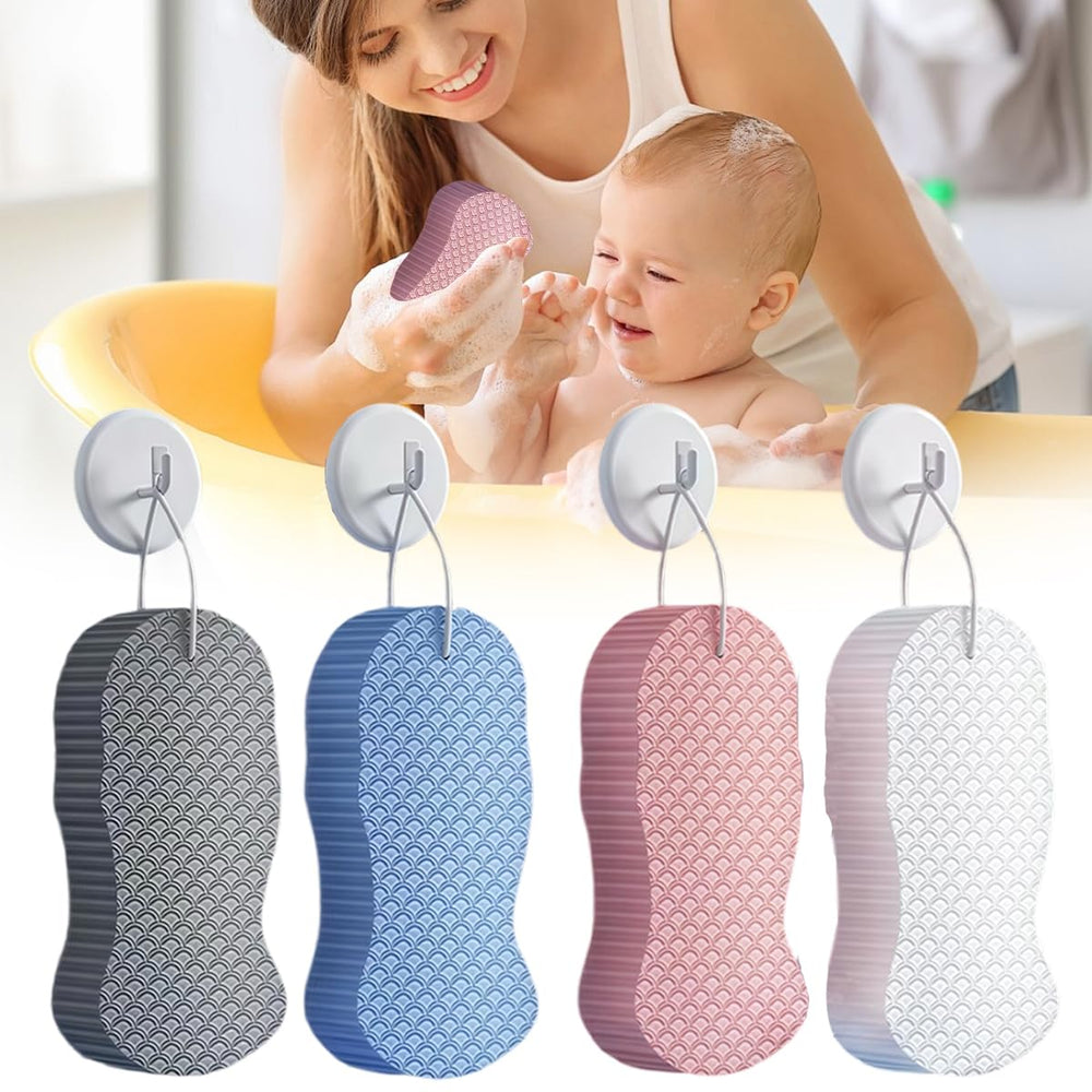 PMLQZA 4PCS exfoliating sponge pack showing varied textures for gentle cleansing.