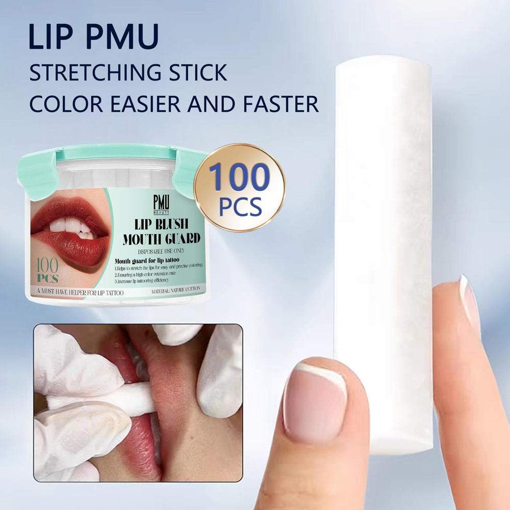 PMUBEAUTY lip tattoo stretching stick used during precise lip coloring for clean results.