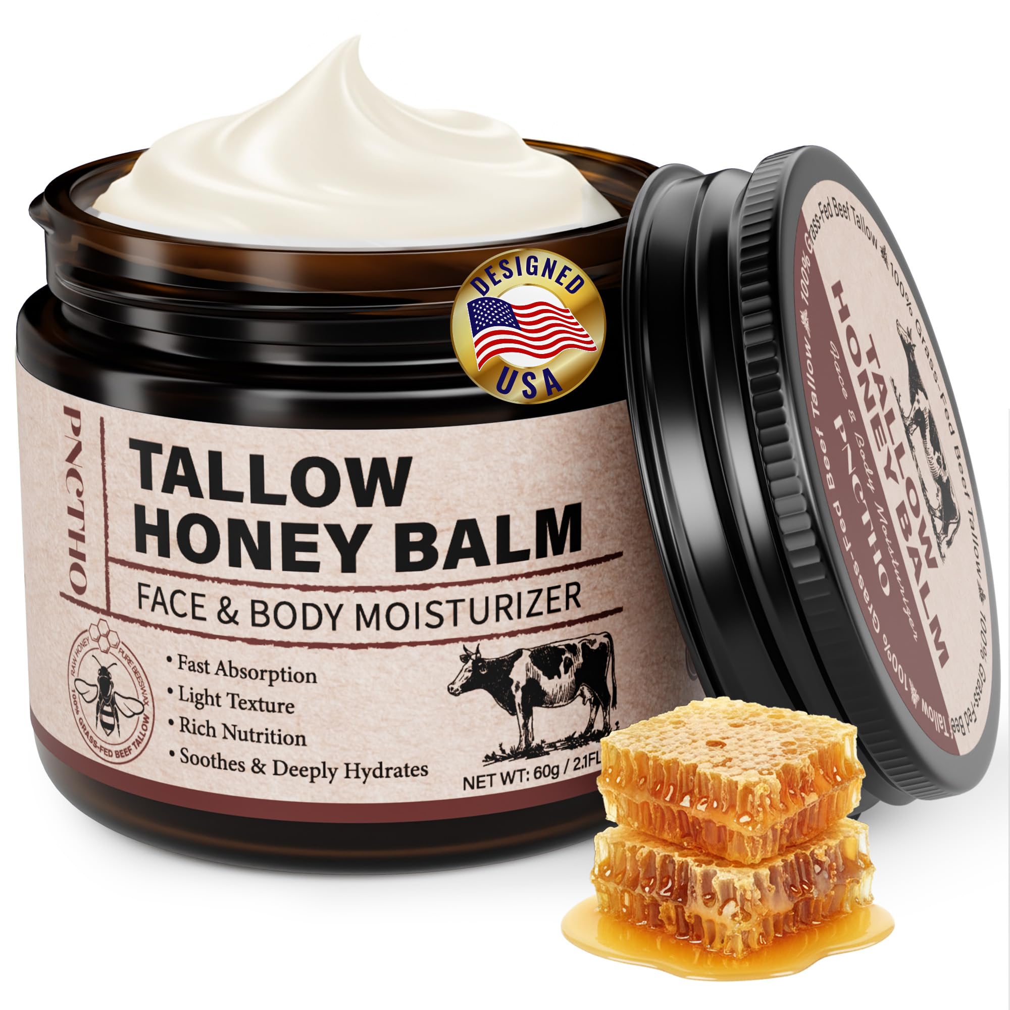 Pnctho Beef Tallow Honey Balm jar for long-lasting facial moisture.