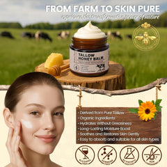 Pnctho Beef Tallow Honey Balm texture shows whipped, quick-absorb formula.