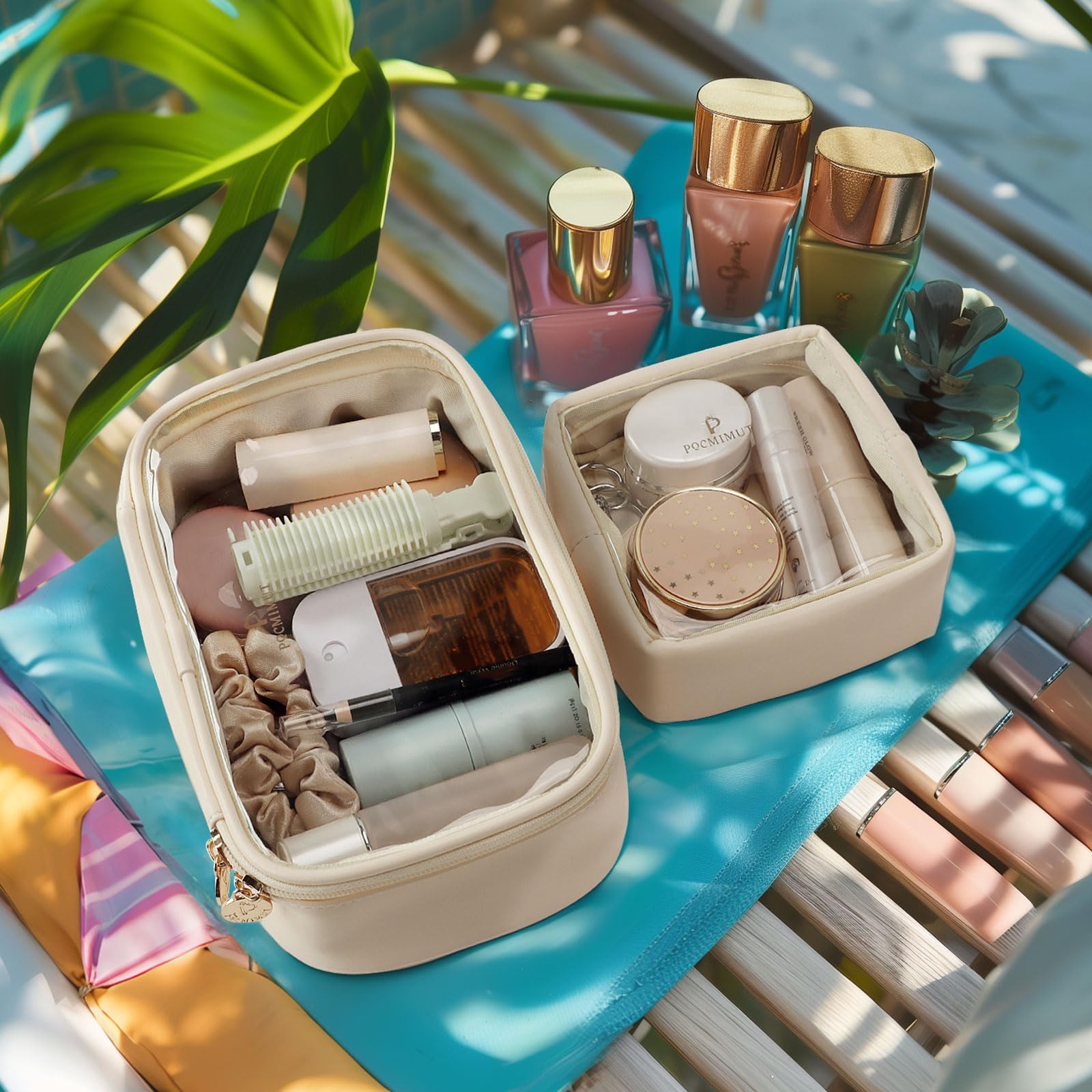 Pocmimut beige clear makeup bag close-up shows premium PU texture and durability.