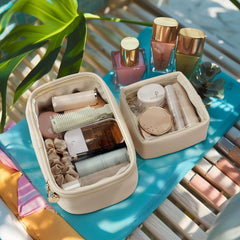 Pocmimut beige clear makeup bag close-up shows premium PU texture and durability.