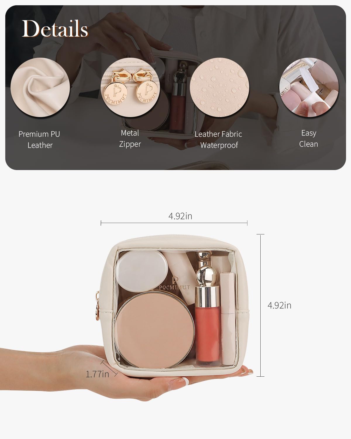 Pocmimut premium clear bag highlights versatile uses as toiletry or makeup case.