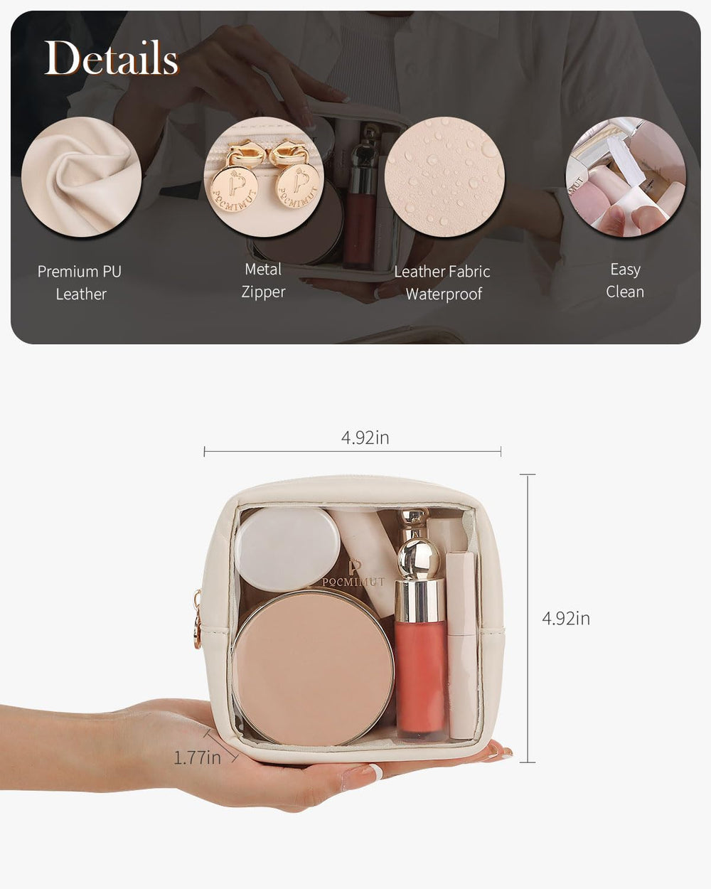 Pocmimut premium clear bag highlights versatile uses as toiletry or makeup case.