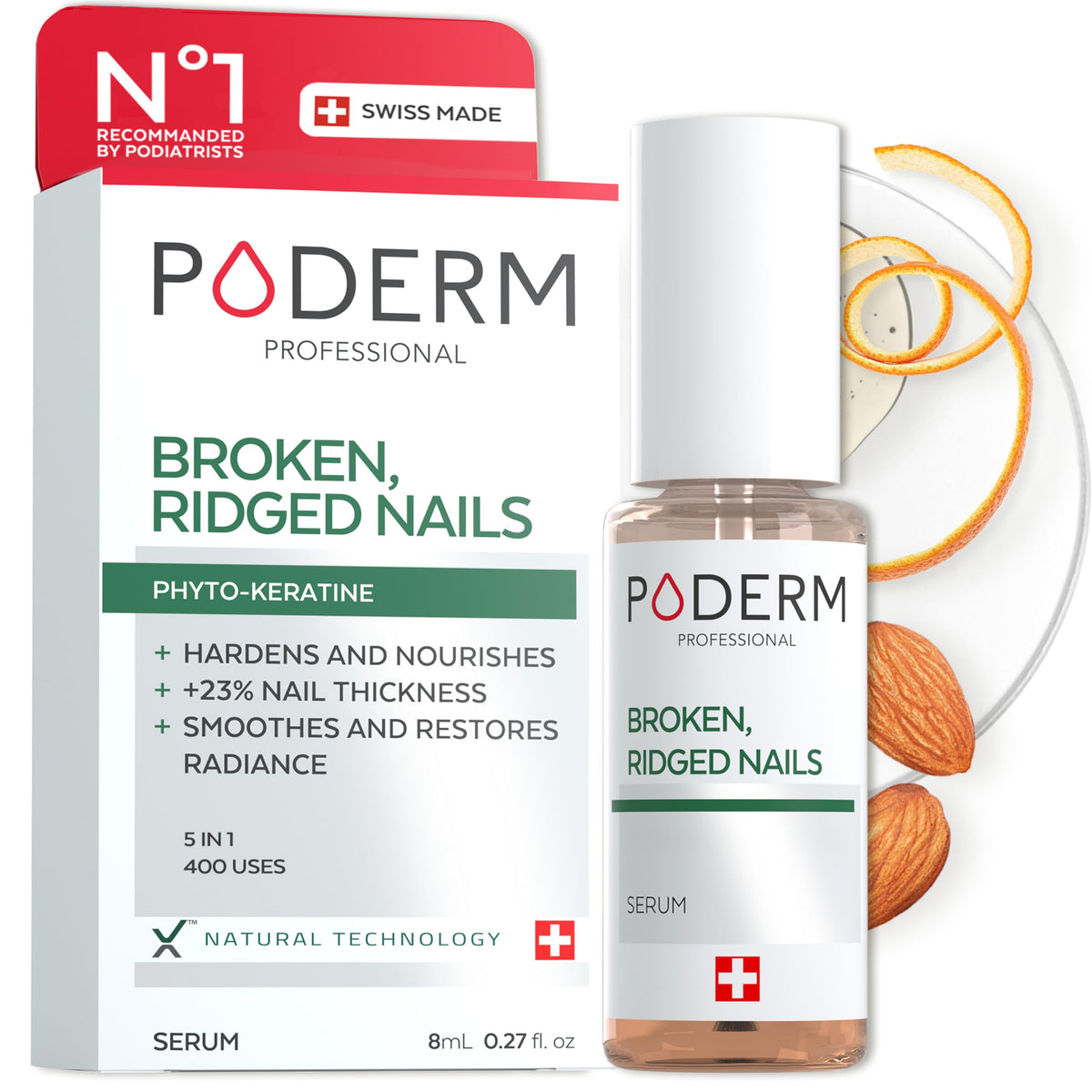 Poderm Nail Oil-Serum bottle close-up highlighting nourishing formula for nails.