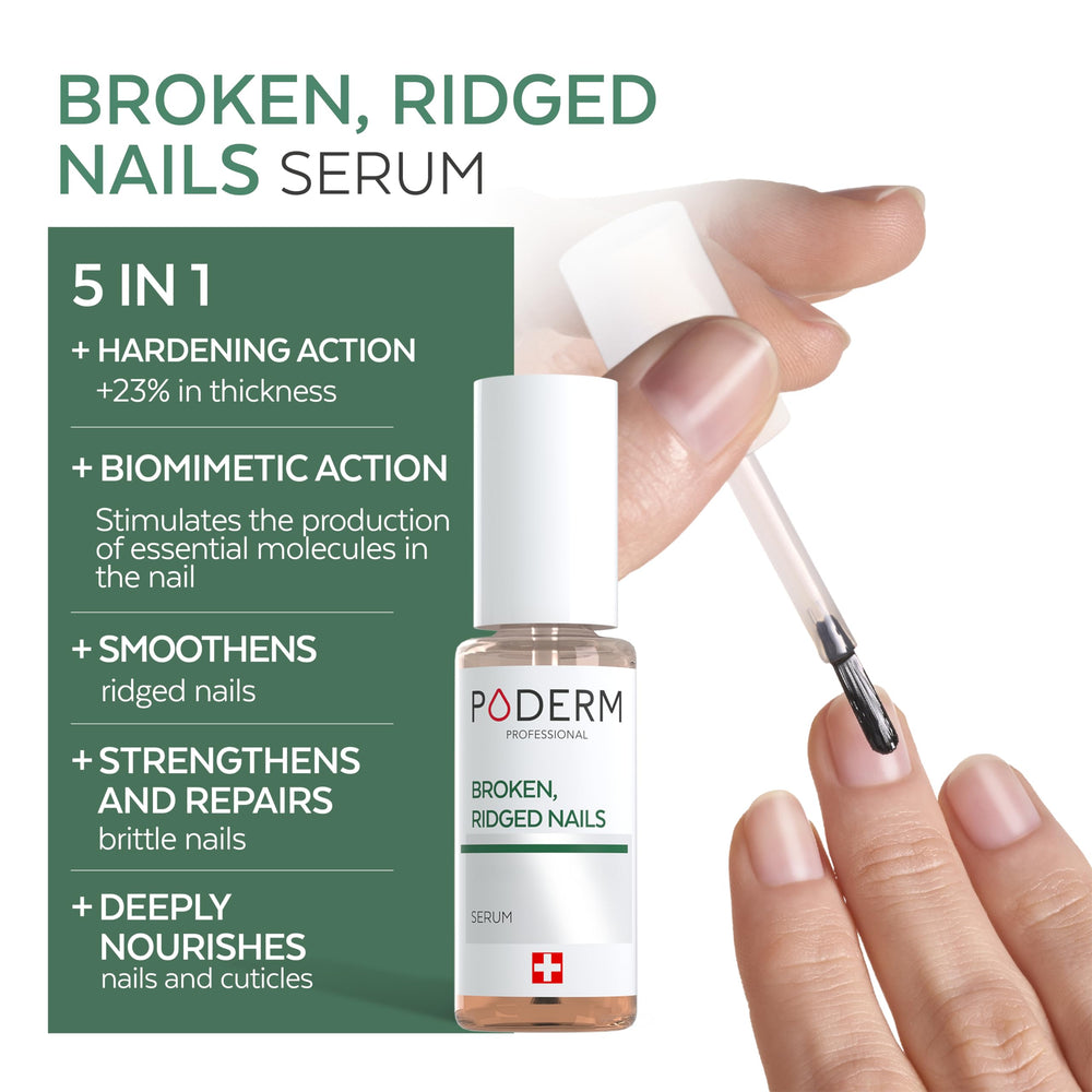 Poderm nourishing oil-serum applied to nails and skin supports smooth, strong nails.
