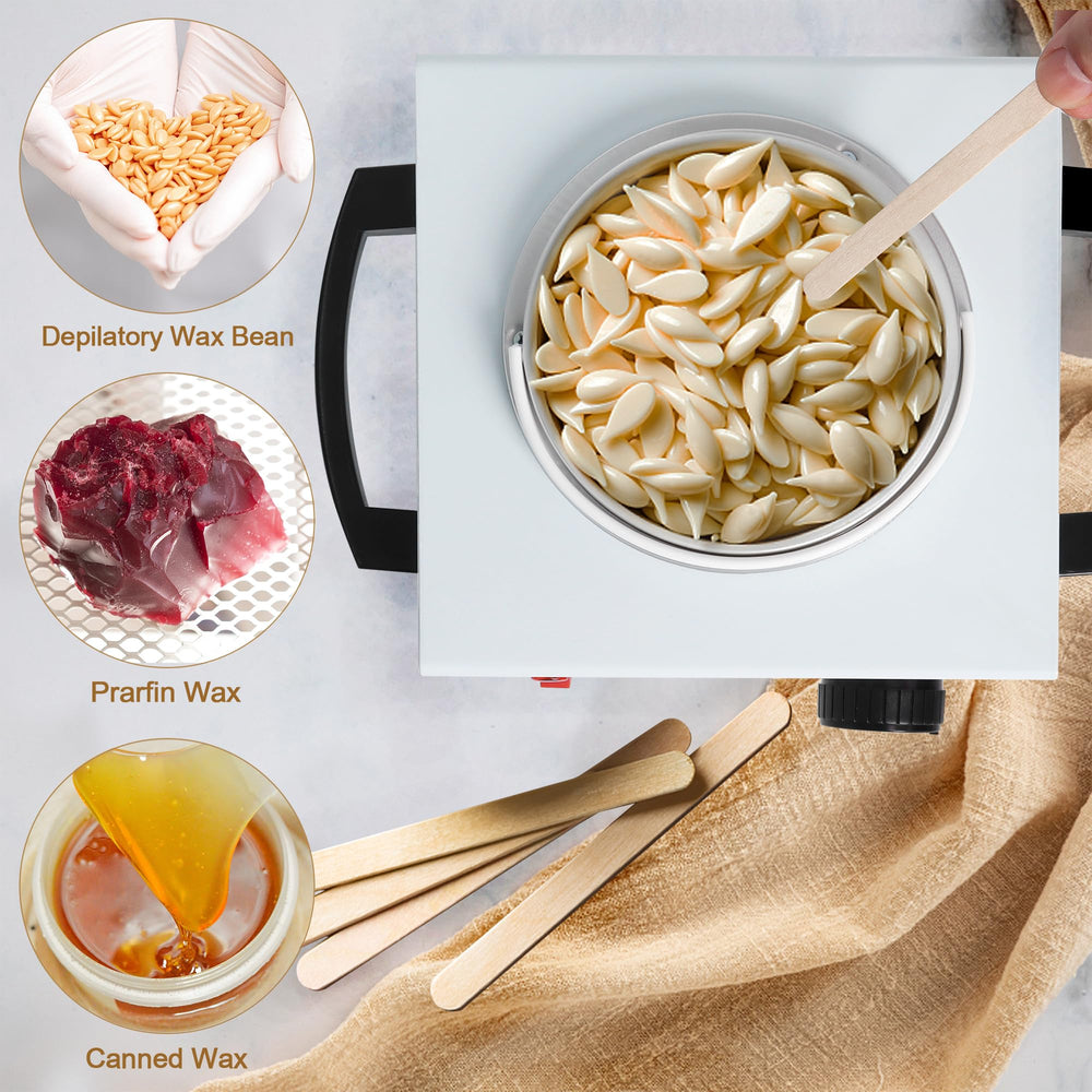 Podoy wax warmer kit included highlighting 200 sticks and manual for at-home waxing