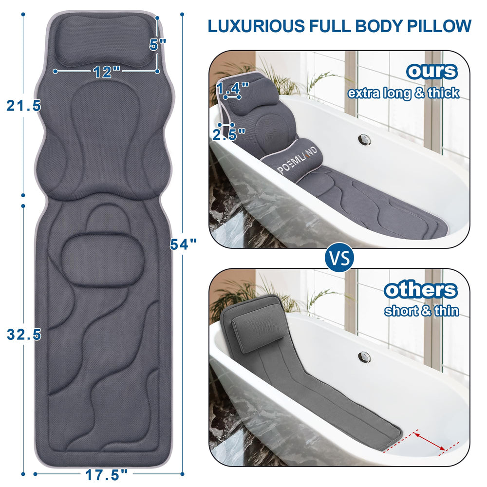 Poemland 5D mesh bath pillow emphasizes breathable, quick-dry design for spa-like soak experiences.