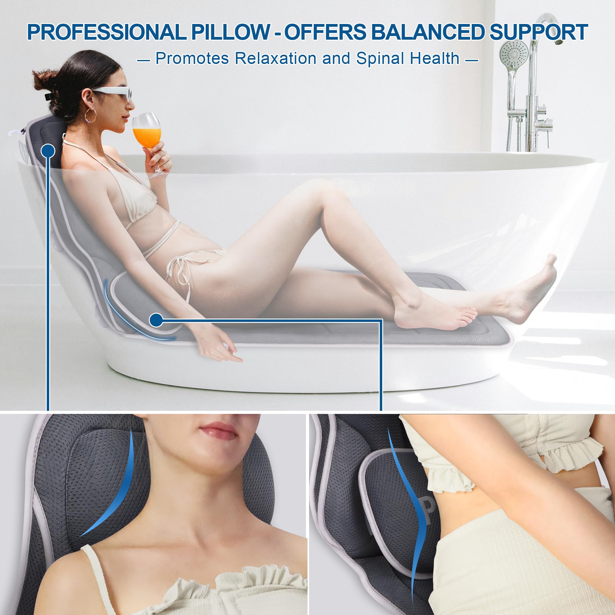Poemland anti-slip suction cups keep the pillow securely in place on tub surfaces.