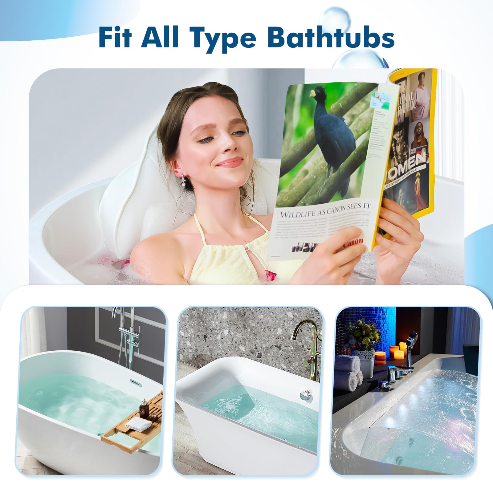 Poemland bath pillow in-tub use demonstrates comfortable full-body support during a long soak.
