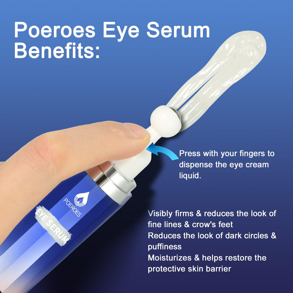 POEROES Eye Serum roller closeup highlights 360° massage for improved drainage