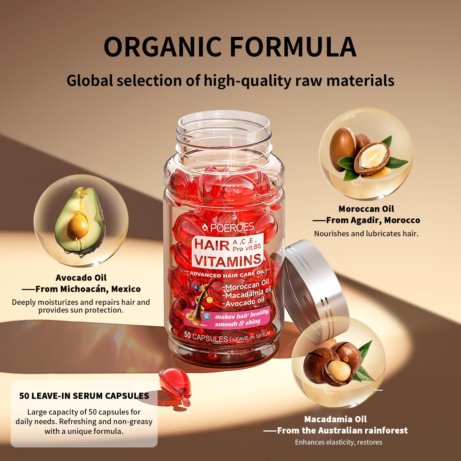 POEROES Hair Oil ingredients jar highlights argan and avocado oils for deep conditioning.