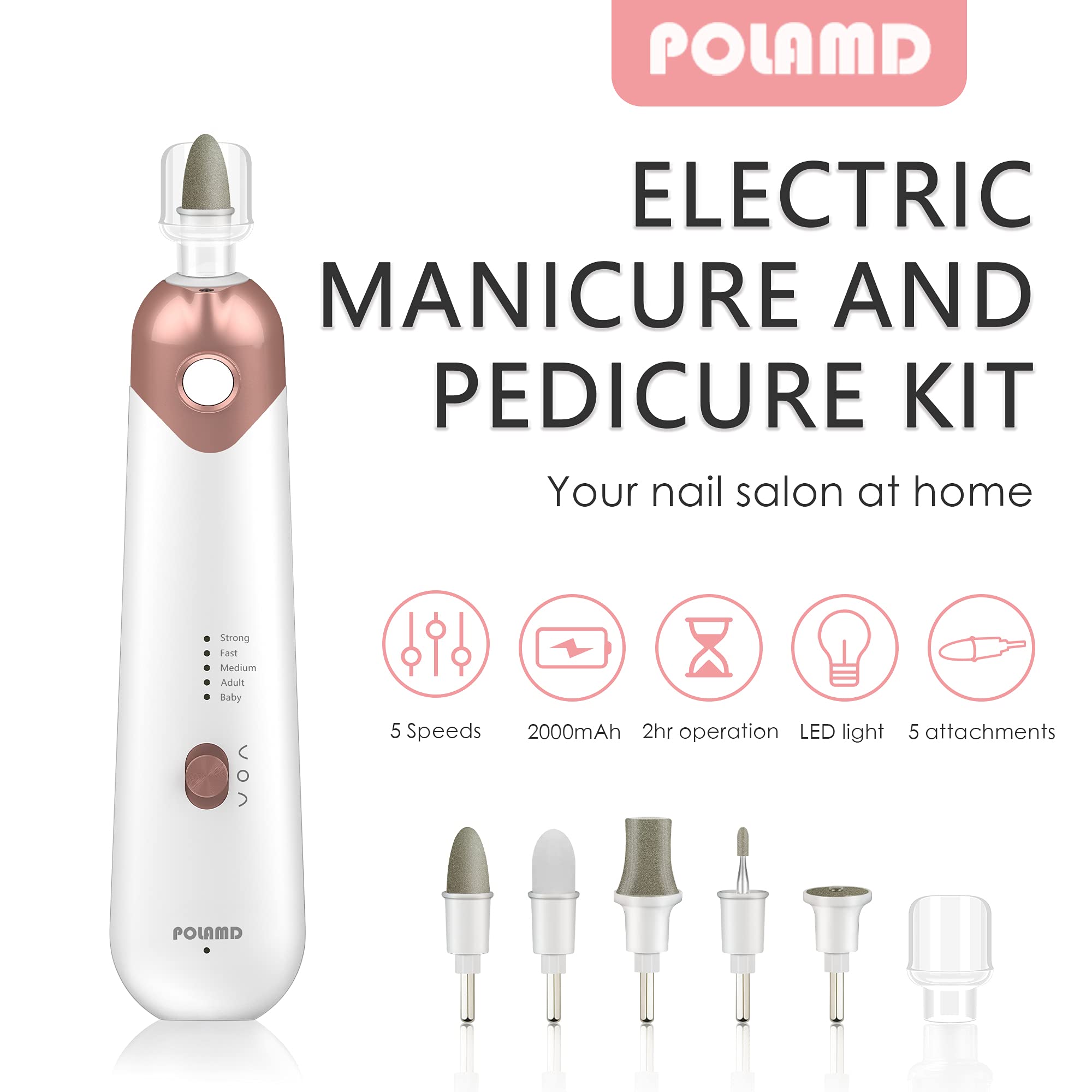 POLAMD cordless electric nail file with 5 speeds for precise natural-nail shaping