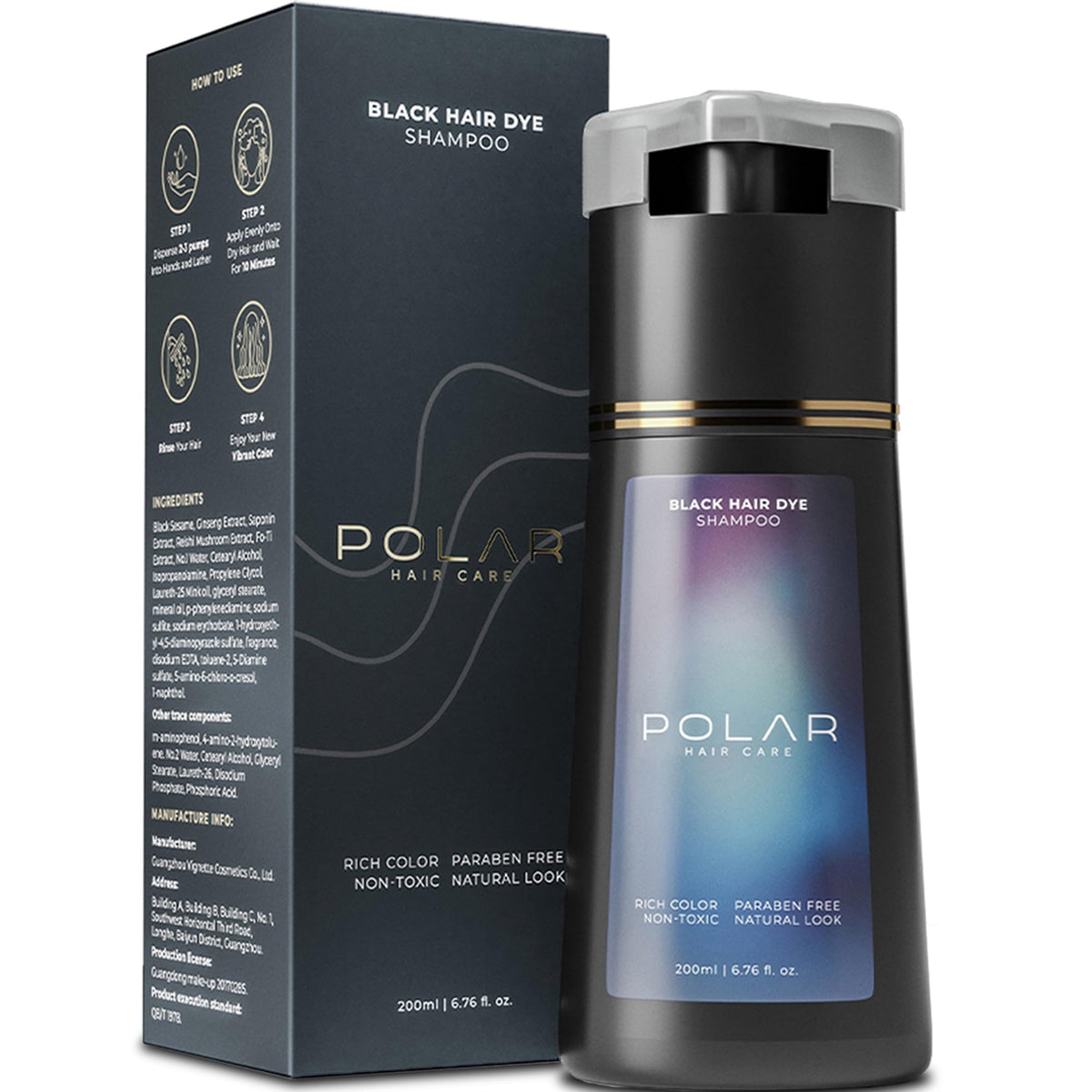 POLAR HAIR CARE jet black dye shampoo bottle for easy gray coverage