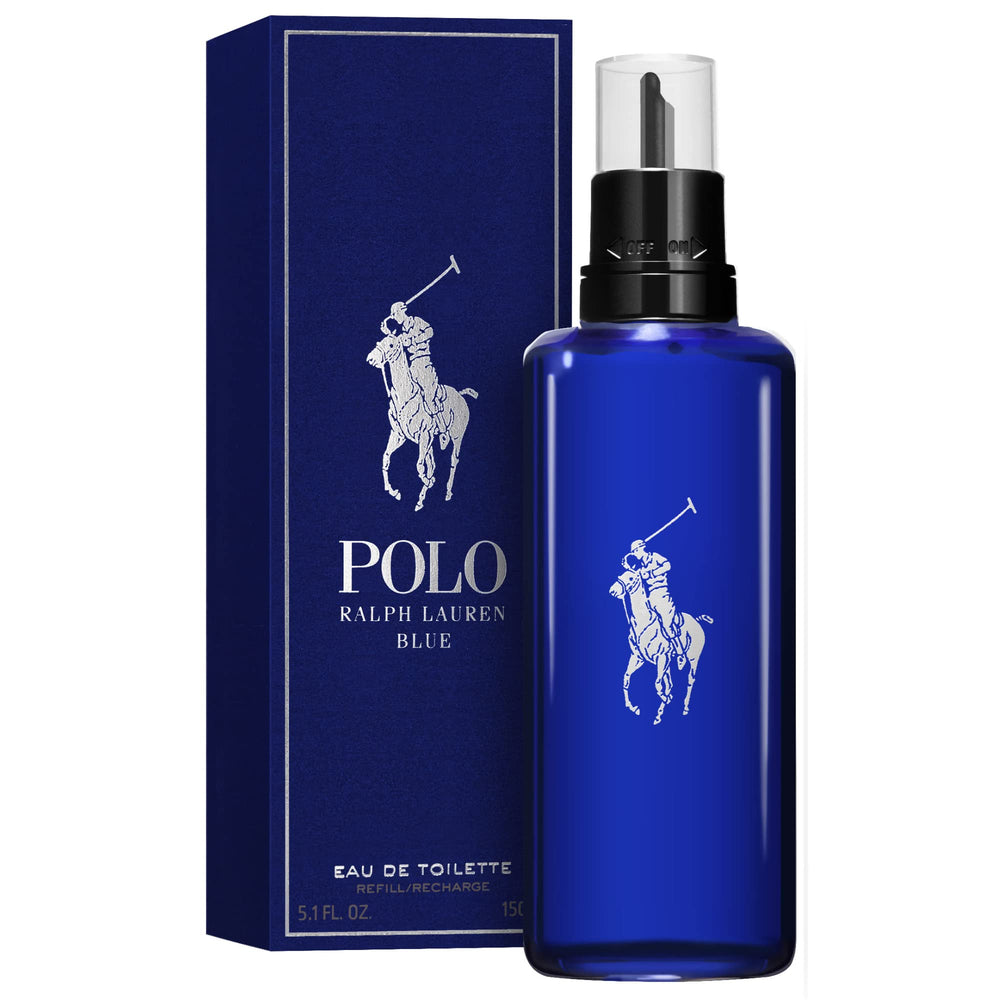 Polo Blue packaging shot reinforces premium, refill friendly fragrance for active lifestyles.