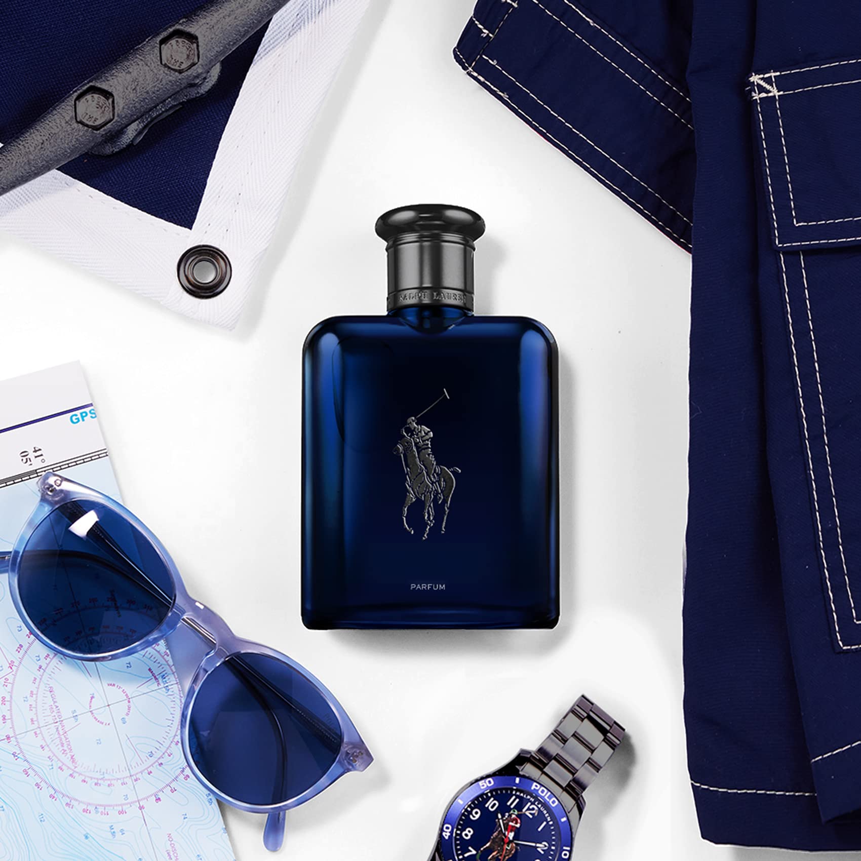 Ralph Lauren Polo Blue Parfum imagery of mandarin and vetiver for brightness and depth.