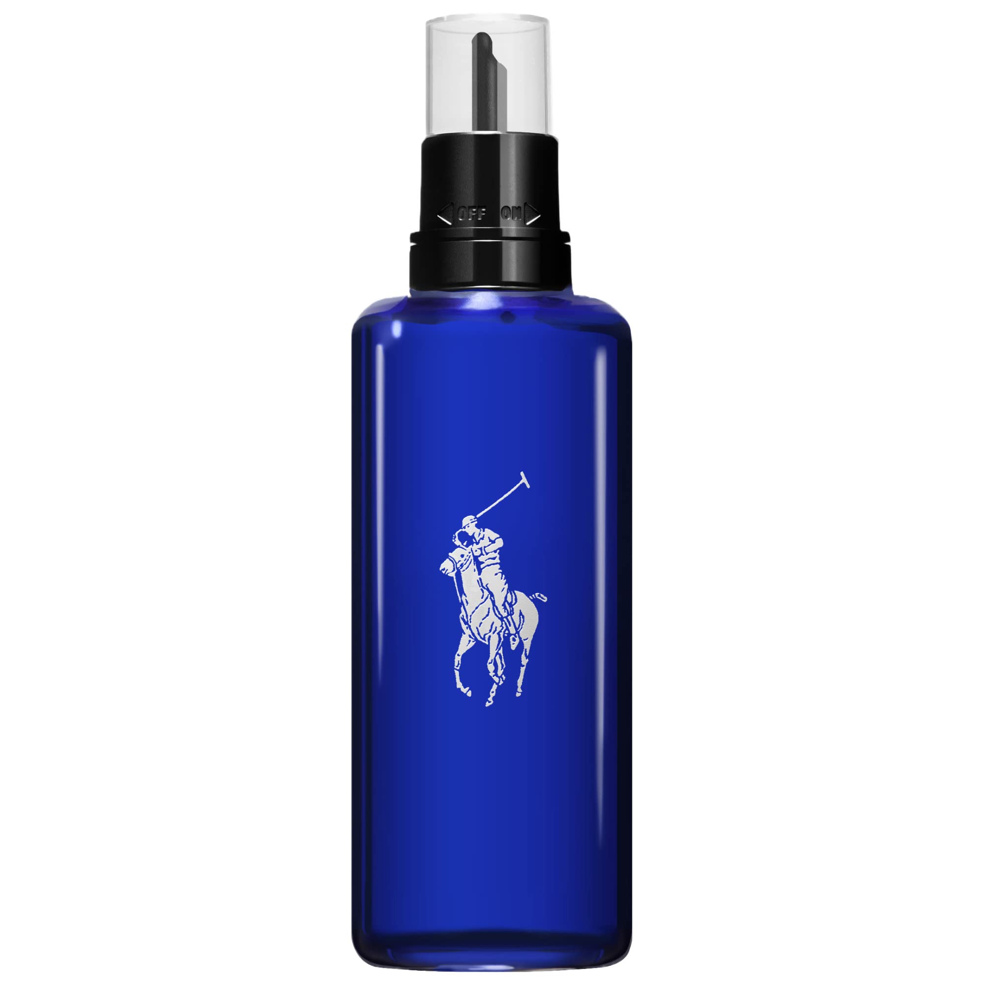Polo Blue refill bottle pour demonstrates easy replenishment for long-lasting freshness.