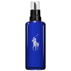 Polo Blue refill bottle pour demonstrates easy replenishment for long-lasting freshness.