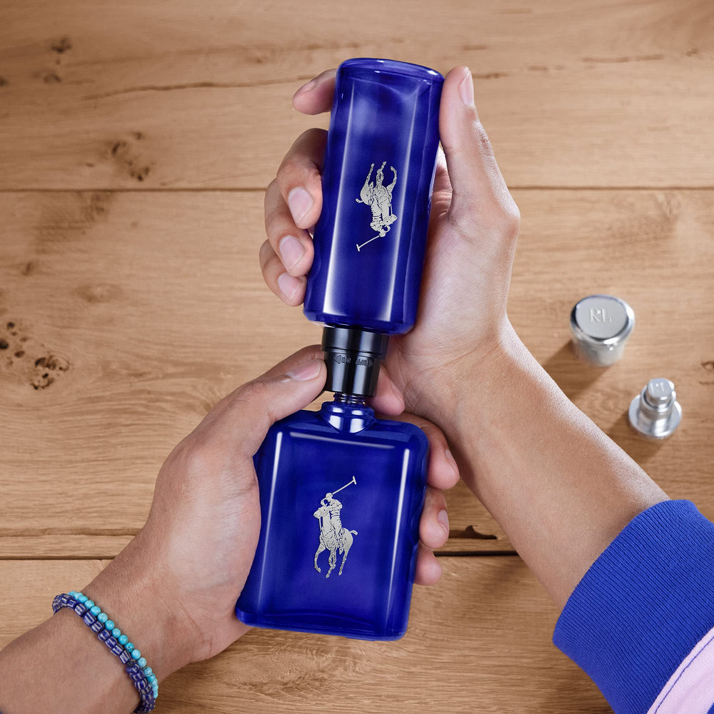 Polo Blue spray on pulse points highlights refreshing citrus and sage notes.