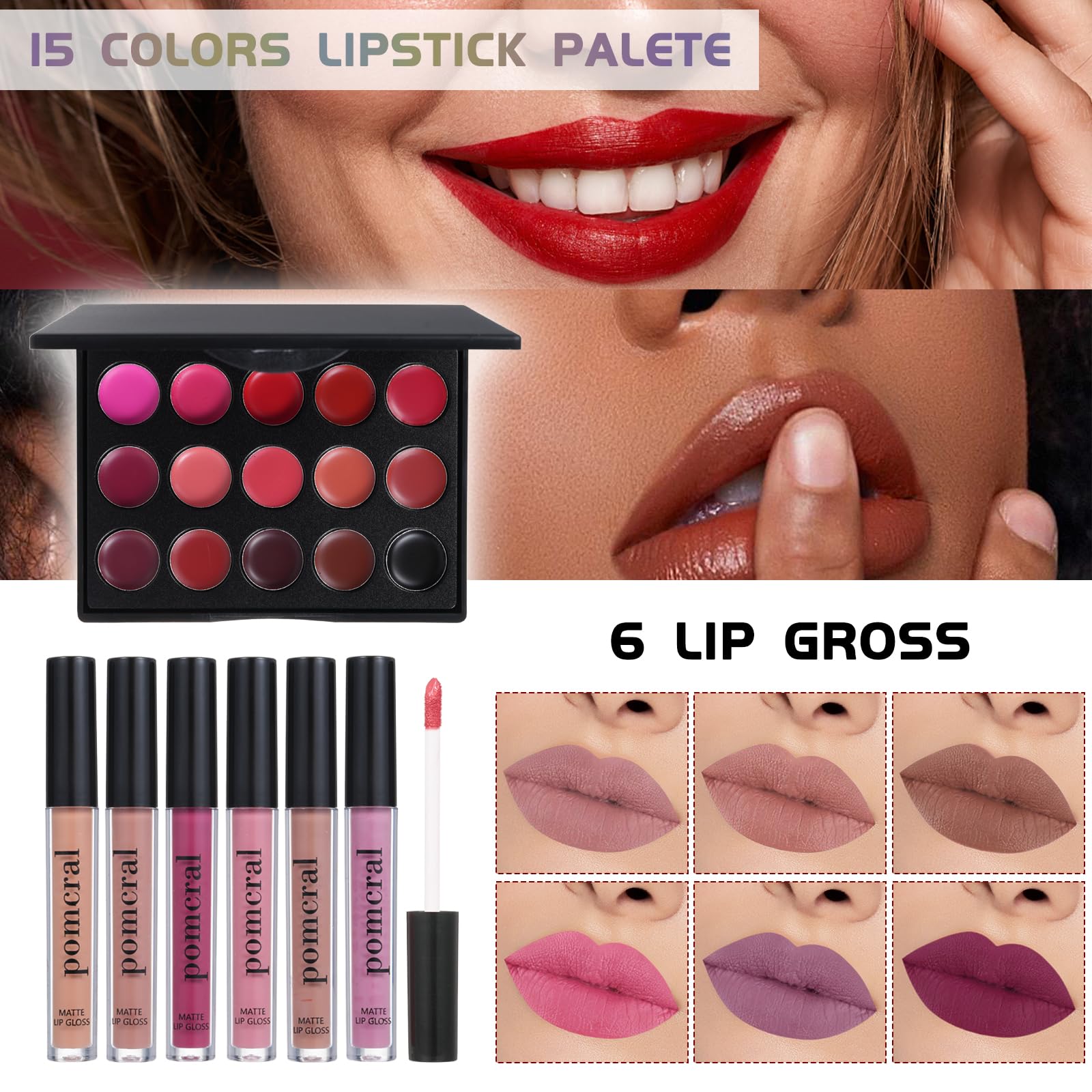 Pomcral All In On Makeup Kit lipgloss set adds shine and color payoff for versatile looks.