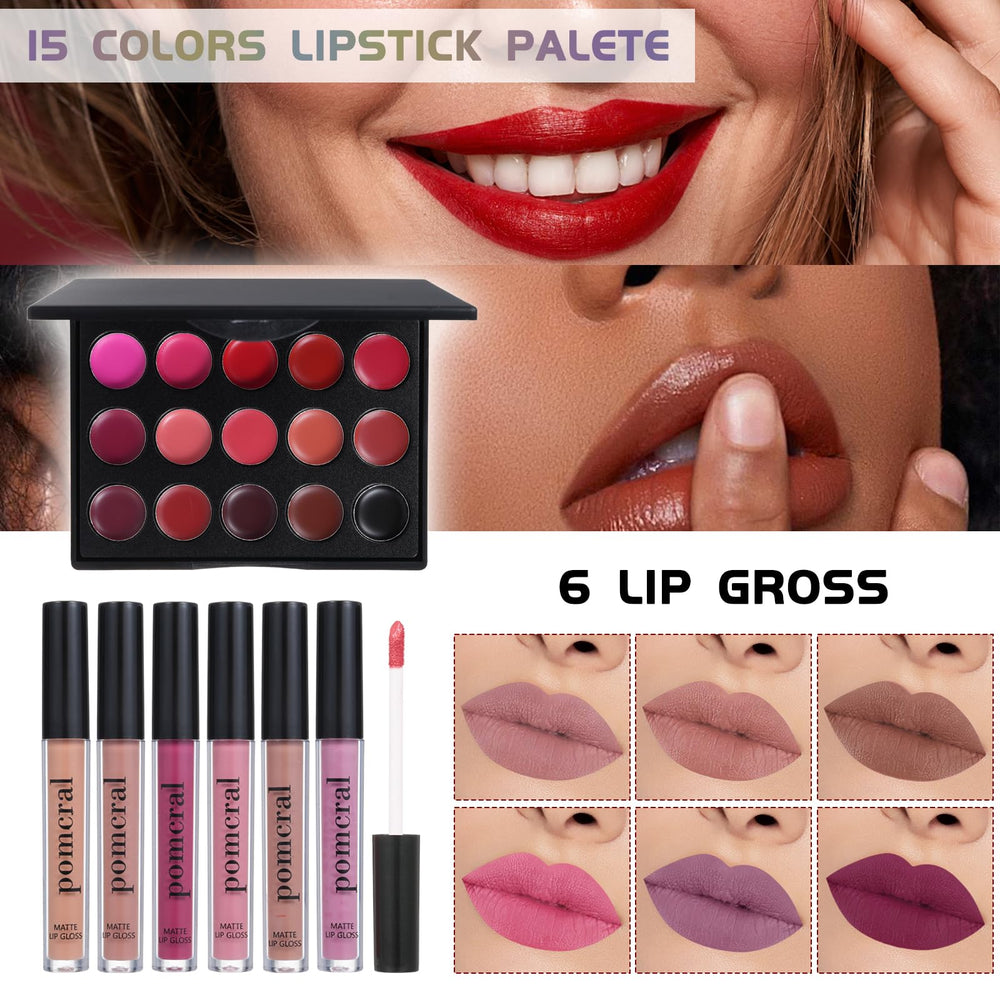 Pomcral All In On Makeup Kit lipgloss set adds shine and color payoff for versatile looks.