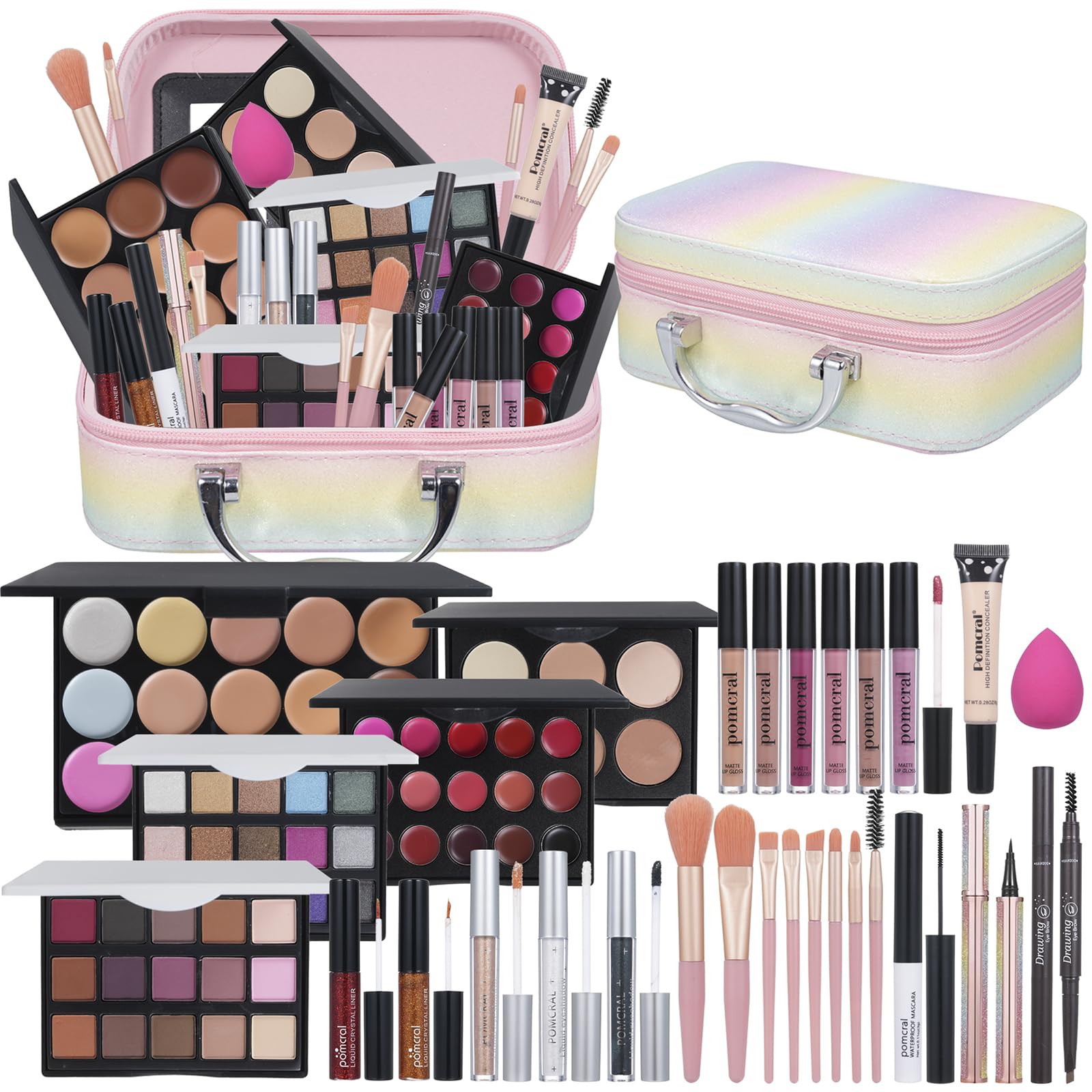 Pomcral All In On Makeup Kit with two 15-color palettes for versatile day-to-night looks.