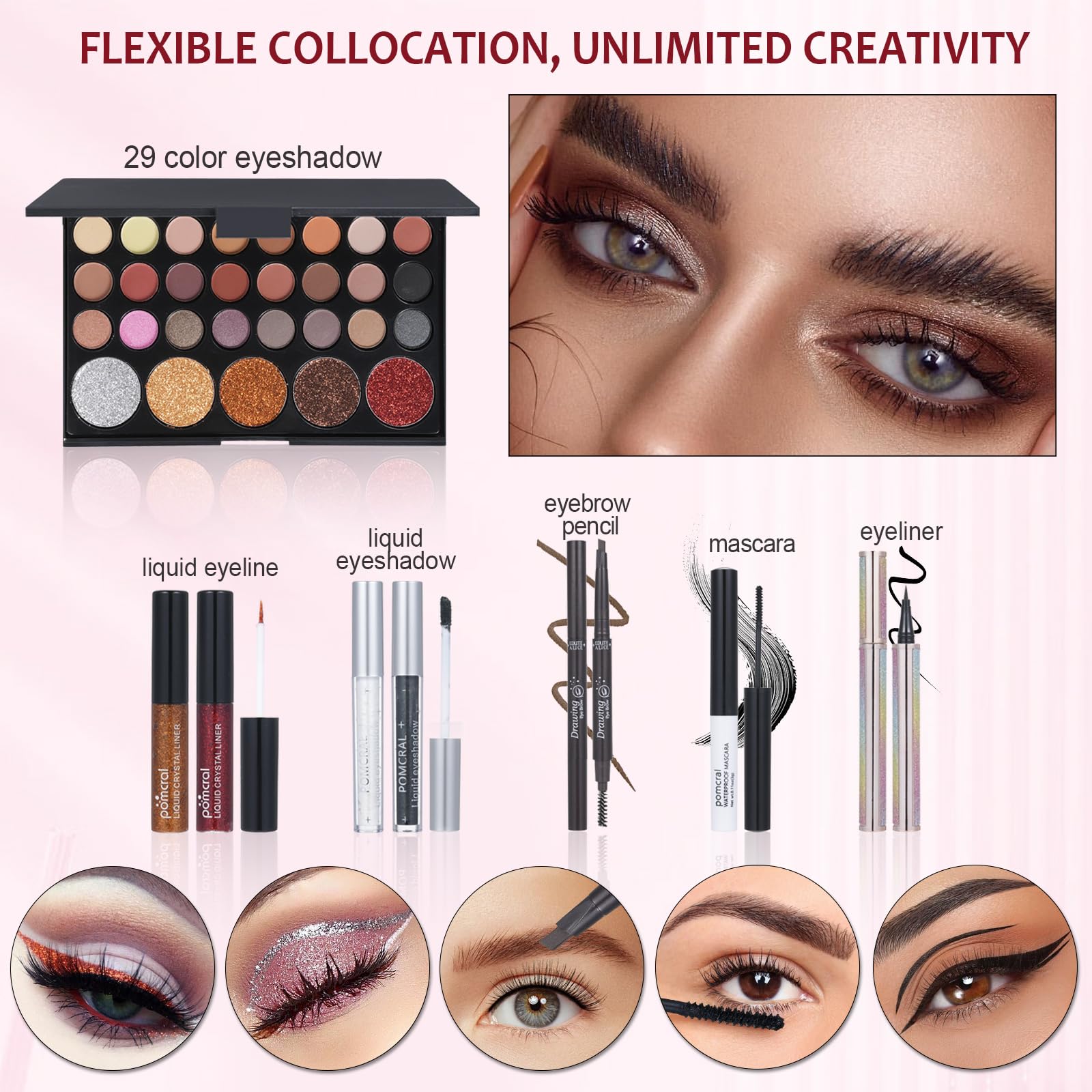 Pomcral liquid shimmer eyeshadow delivers luminous highlight and defined lids.