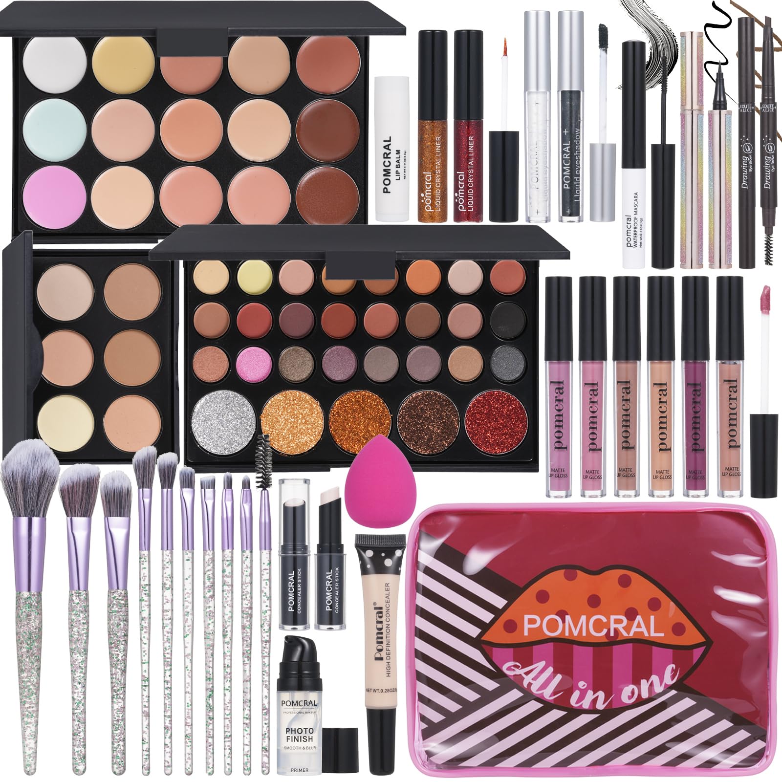 Pomcral makeup kit bag display shows organized, travel-friendly set for on-the-go touchups.
