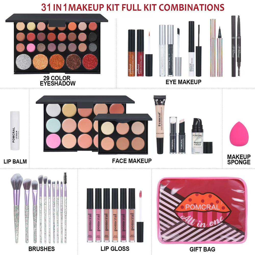 Pomcral makeup kit eyeshadow palette swatches with silky shades for versatile day-to-night looks.