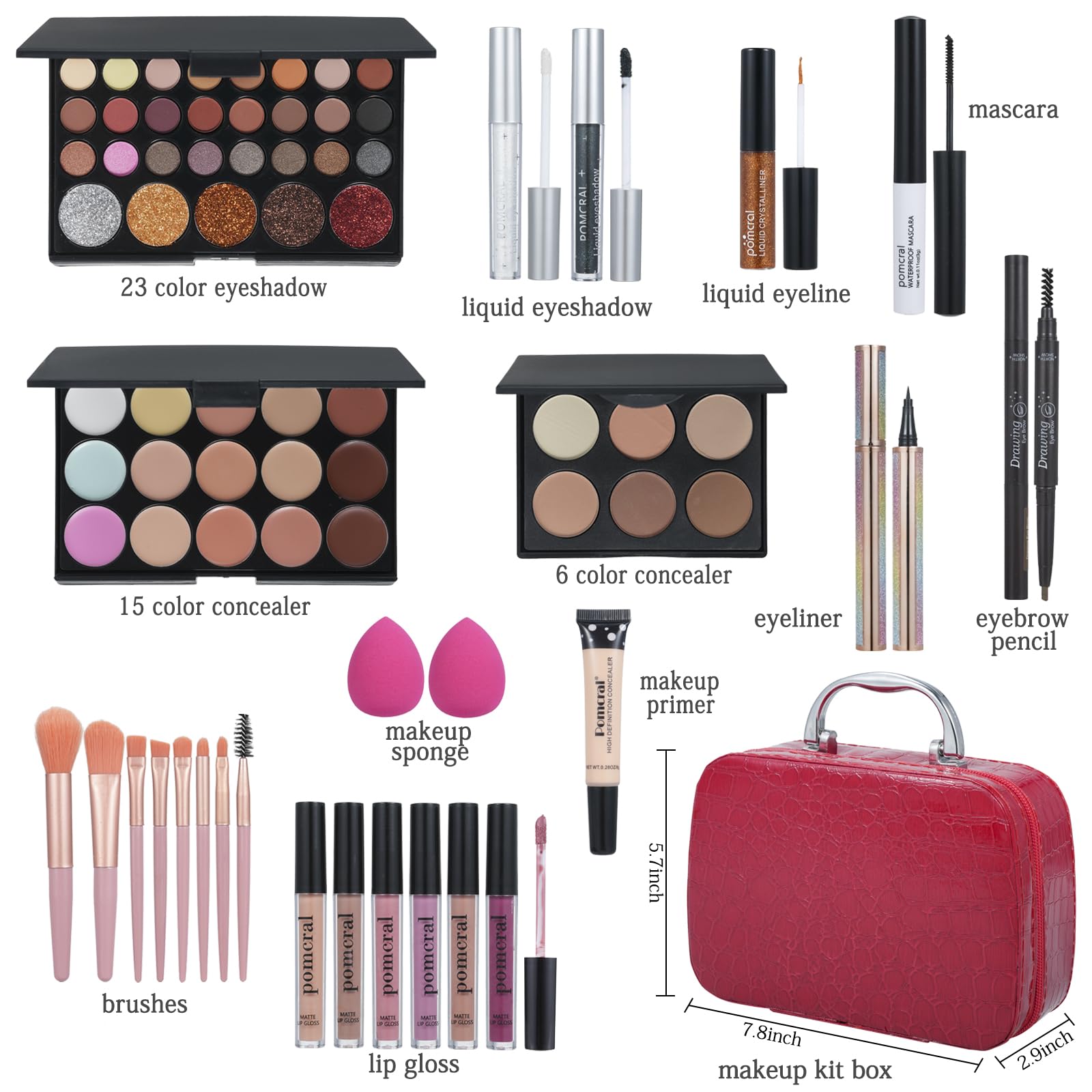 Pomcral makeup kit red brush set for precise application.